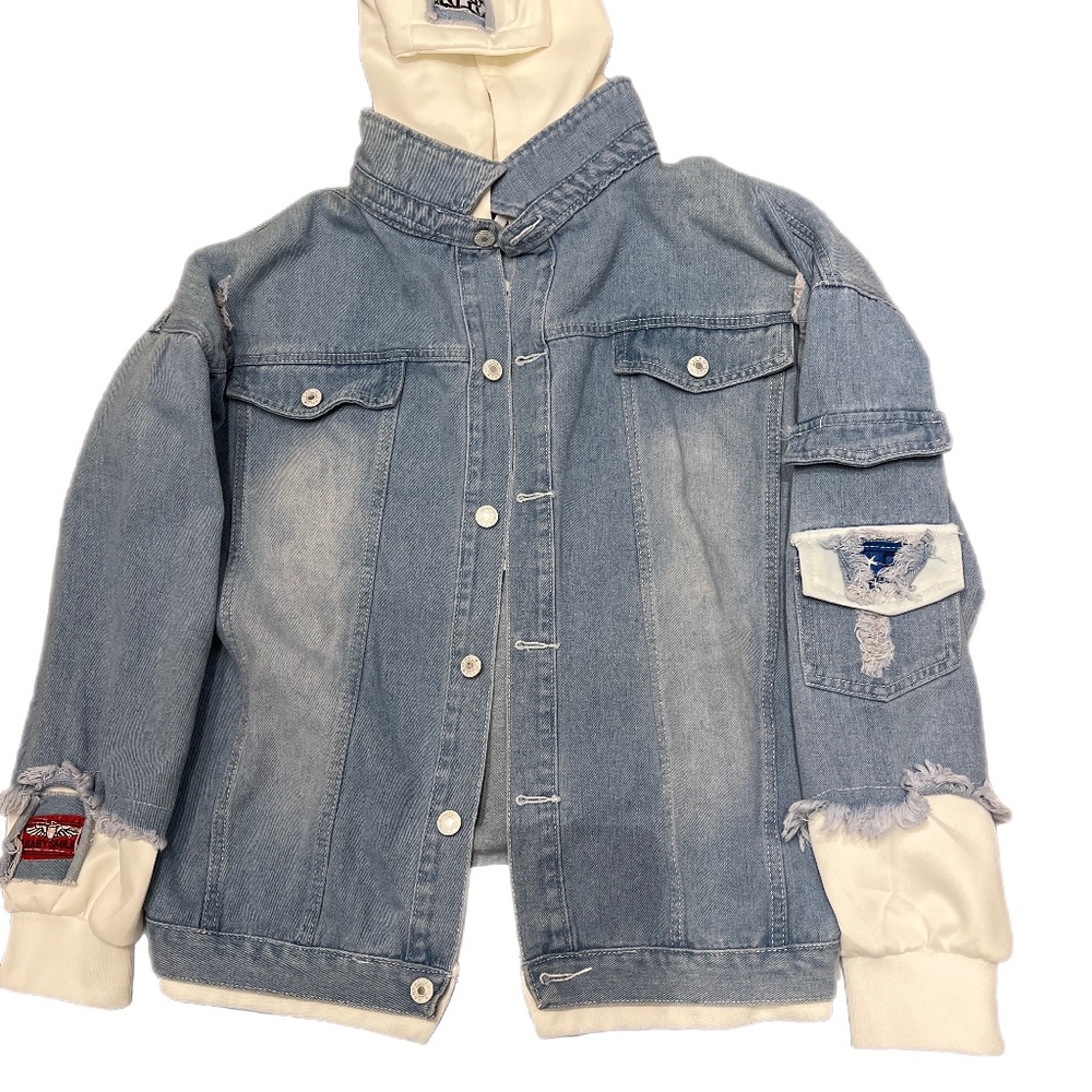 Anime Monkey D Luffy Jean Jacket Hoodie Button Distressed  Junior Sz XL NWOT - Picture 2 of 4